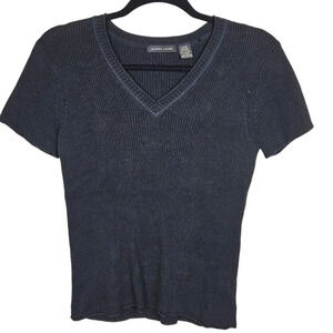 Jeanne Pierre Black‎ Pullover Cotton V Neck Short Sleeve Sweater Top Size Large
